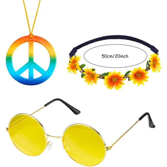 Hippie Costume Accessories Set 60s 70s Party Decorations Boho Peace Sign Sunglas